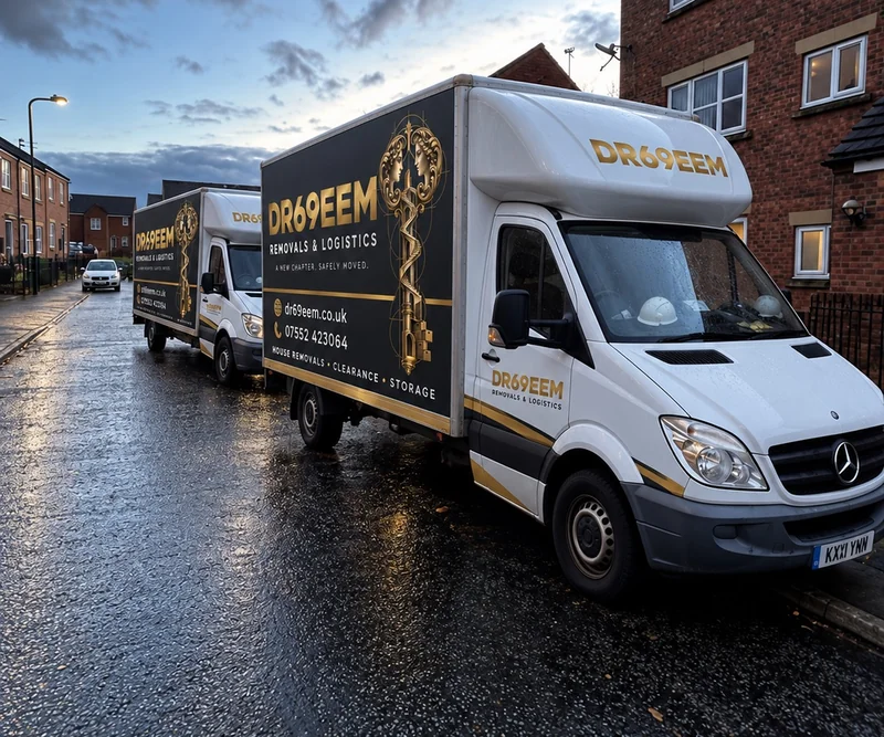 Two DR69EEM-branded removal vans on a residential street
